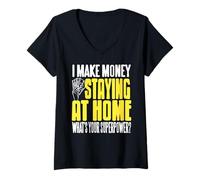 Femme Humour Drôle Gagner de l’Argent à la Maison Superpouvoir T-Shirt avec Col en V