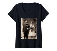 Femme Humour Effrayant pour Jeunes mariés Frankenstein Couple Halloween Party T-Shirt avec Col en V