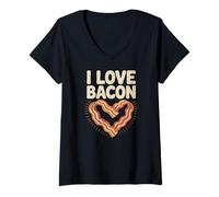Femme Humour en Forme de cœur I Love Bacon T-Shirt avec Col en V