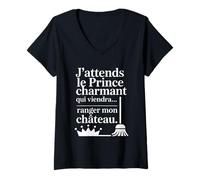 Femme Humour Femme Prince Charmant Ranger Château Drôle T-Shirt avec Col en V