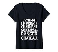 Femme Humour Femme Prince Charmant Ranger Château Drôle T-Shirt avec Col en V