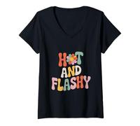 Femme Humour Hormonal drôle de ménopause rétro Chaud et Flashy T-Shirt avec Col en V