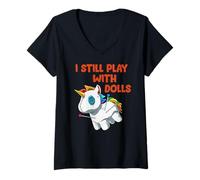 Femme Humour Morbide Licorne - Je Joue Encore avec des Poupées T-Shirt avec Col en V