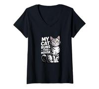 Femme Humour My Cat Runs This House T-Shirt avec Col en V
