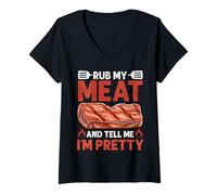 Femme Humour pour barbecue « Rub My Meat Tell Me I'm Pretty » T-Shirt avec Col en V