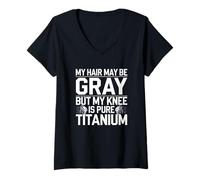Femme Humour Prothèse du Genou Titane Chirurgie Genou T-Shirt avec Col en V