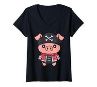 Femme Humour tête de mort Pirates minimaliste simple cochon Pirate T-Shirt avec Col en V