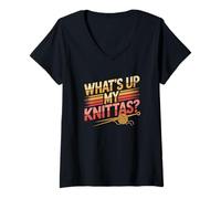 Femme Humour Tricot Femme What’s Up My Knittas ? Design T-Shirt avec Col en V