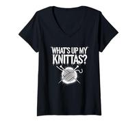 Femme Humour Tricot Femme What’s Up My Knittas ? Design T-Shirt avec Col en V