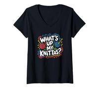 Femme Humour Tricot Femme What’s Up My Knittas ? Design T-Shirt avec Col en V