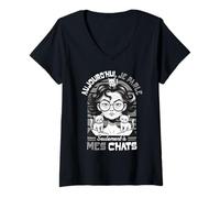 Femme Humour Tshirt Chat Femme Vieille avec Trois Chats Grognons T-Shirt avec Col en V