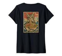 Femme Hungry Cat Mangeant Des Nouilles Pad Thai Retro Asian Poster T-Shirt avec Col en V