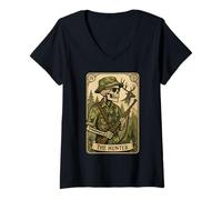 Femme Hunter Tarot Carte de chasse au cerf squelette vintage T-Shirt avec Col en V
