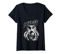 Femme Hurlement Horreur Araignée Visage Peur Frissons T-Shirt avec Col en V