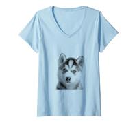 Femme Husky de Sibérie Mignon pour Maman et Parents de Pattes T-Shirt avec Col en V