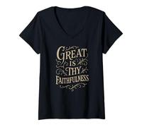 Femme Hymne - Great is Thy Fidélité - Culte de louange chrétienne T-Shirt avec Col en V