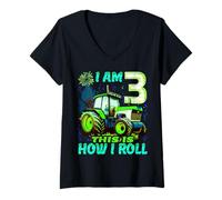 Femme I Am 3 This is How I Roll Two Years Old Tractor 3e Anniversaire T-Shirt avec Col en V