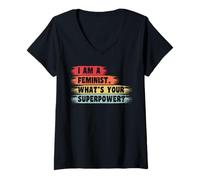 Femme I Am A Feminist, What’s Your Superpower Feminism T-Shirt avec Col en V