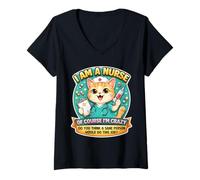 Femme I Am A Nurse of Course I'm Crazy Funny Nursing Cat Blague Fun T-Shirt avec Col en V
