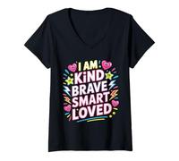 Femme I Am Kind Brave Smart Loved Édification de Motivation - T-Shirt avec Col en V