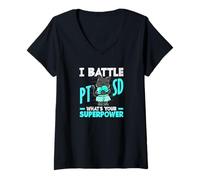Femme I Battle PTSD What Your Superpower PTSD Awareness T-Shirt avec Col en V