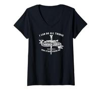 Femme I Can Do All Things Through Christ God Chrétien Bible Verse T-Shirt avec Col en V