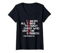 Femme I Can Do All Things Through Christ God Verse de la Bible chrétienne T-Shirt avec Col en V