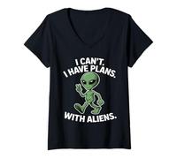 Femme I Can't I Have Plans with Aliens Funny UFO Alien T-Shirt avec Col en V