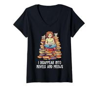 Femme I Disappear Into rovels and Meows Book Nerd Librarian T-Shirt avec Col en V