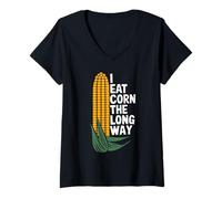 Femme I Eat Corn The Long Way Blague Maïs Humour Légumes Amusant T-Shirt avec Col en V