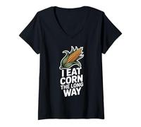 Femme I Eat Corn The Long Way Humour Maïs Illustration Drôle T-Shirt avec Col en V