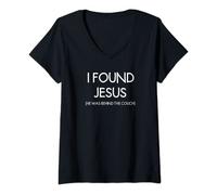 Femme « I Found Jesus He Was Behind The Sofa », drôle, blague T-Shirt avec Col en V