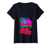 Femme I Grew Up In The 80s Retro Vaporwave Sunset Palm Nostalgie T-Shirt avec Col en V