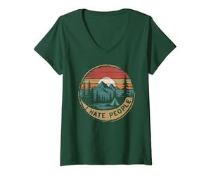Femme I Hate People Scène rétro de Camping avec Citation Humoristique T-Shirt avec Col en V, Vert Forêt, M