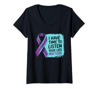 Femme I Have Time to Listen Your Life Matters Ruban Violet T-Shirt avec Col en V