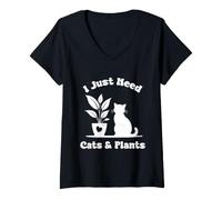 Femme I Just Need Cats and Plants Retro Cat Lover T-Shirt avec Col en V