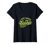 Femme I Just Wanna Play Balle de Tennis Sports T-Shirt avec Col en V