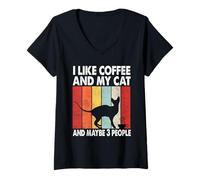 Femme I Like Coffee and My Cat Maybe 3 People Vintage Sphynx Cat T-Shirt avec Col en V