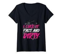 Femme « I Like it Fast and Dirty Muddy Race » T-Shirt avec Col en V