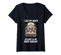 Femme I Like My Books Steamy & My Music Screamy Spicy Dark Romance T-Shirt avec Col en V