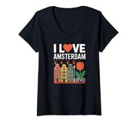 Femme I Love Amsterdam Tulip Canal House Vélo T-Shirt avec Col en V