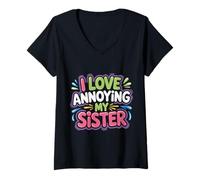Femme I Love Annoying My Sister Chaos fraternel Classique - T-Shirt avec Col en V