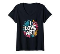 Femme I Love Art Pinceau coloré Motif éclaboussures T-Shirt avec Col en V