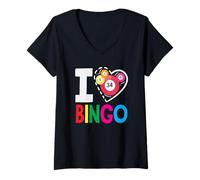 Femme I Love Bingo Chiffres colorés en Forme de cœur T-Shirt avec Col en V