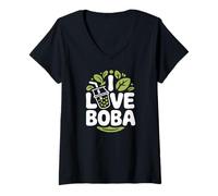 Femme I Love Boba Bubble Tea Feuille T-Shirt avec Col en V