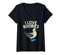 Femme I Love Boobies Jeu de Mots avec Pieds Bleus T-Shirt avec Col en V