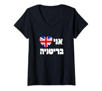 Femme I Love Britain Cœur hébreu Union Jack - Fierté juive Britannique T-Shirt avec Col en V
