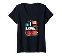 Femme I Love Canada Drapeau castor feuille d'érable T-Shirt avec Col en V