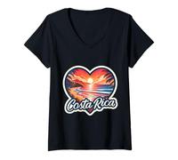 Femme I Love Costa Rica Cœur Vintage Coucher de Soleil Rétro Plage Souvenir T-Shirt avec Col en V
