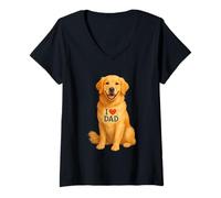 Femme I Love Dad Golden Retriever, Amoureux des Chiens, père Patriote et drôle T-Shirt avec Col en V